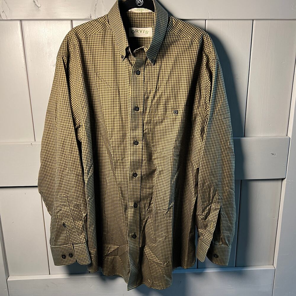Men's Orvis‎ Long Sleeve Cotton Button Down Green and Navy Shirt Size M